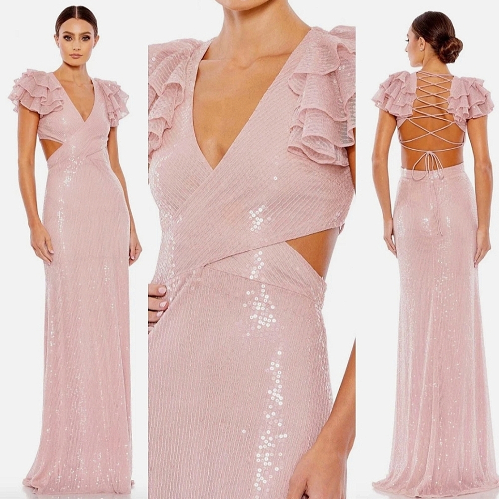 MAC‎ DUGGAL 10829 Rose Sequined Ruffled Cut Out Lace Up Gown Sz. 6